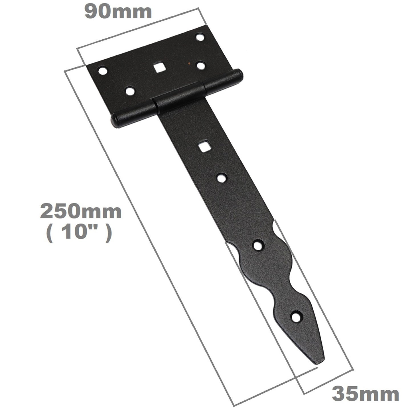 Pack of 10 x 200 mm T-Hinge Black, Steel Tee Hinges, Weather Resistant, Rust Proof Powder Coating, T Strap Hinges
