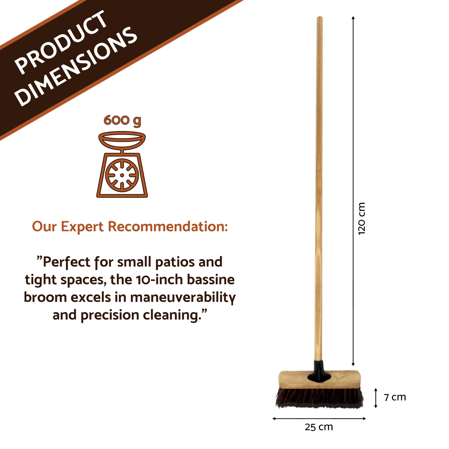 10-Inch Bassine Broom - Heavy-Duty Outdoor Sweeper with Wooden Handle - Perfect for Small Patios, Decks, and Gardens - Durable