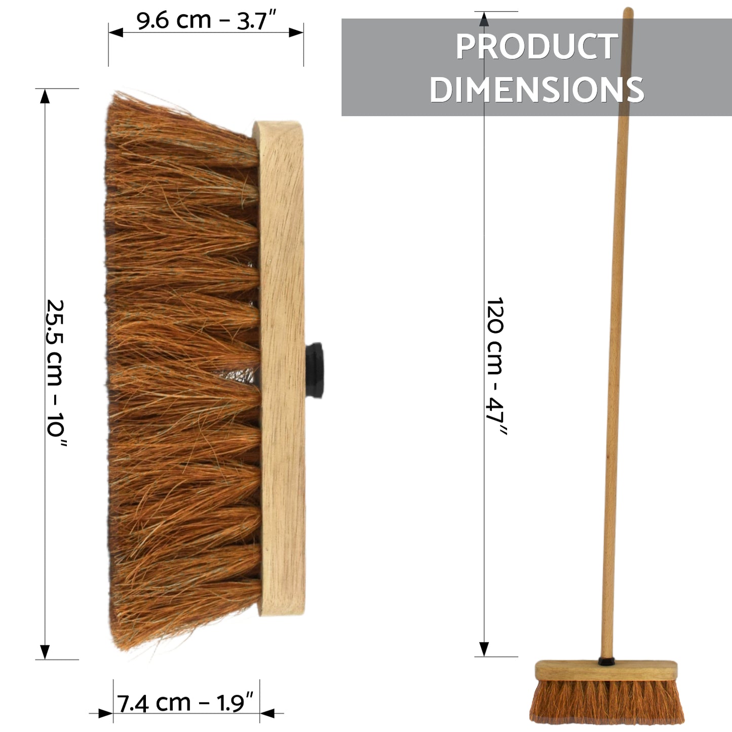 10-Inch Natural Soft Coco Sweeping Broom with Wooden Handle - Eco-Friendly Soft Bristle Sweeping Brush