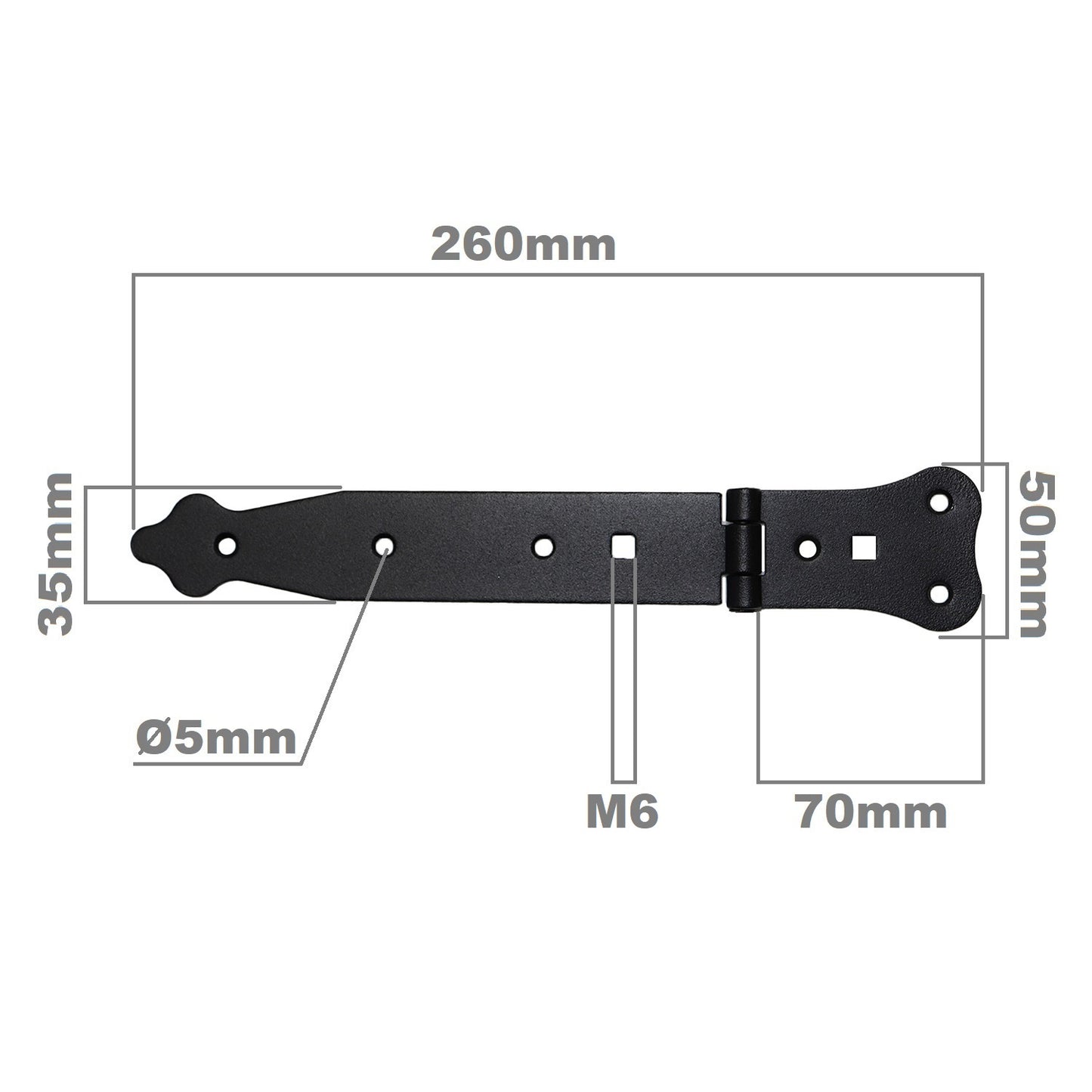 Pack of 2 x 200 mm Narrow T-Hinge Black, Vintage Steel Tee Hinges, Weather Resistant, Rust Proof Powder Coating, T Strap Hinges