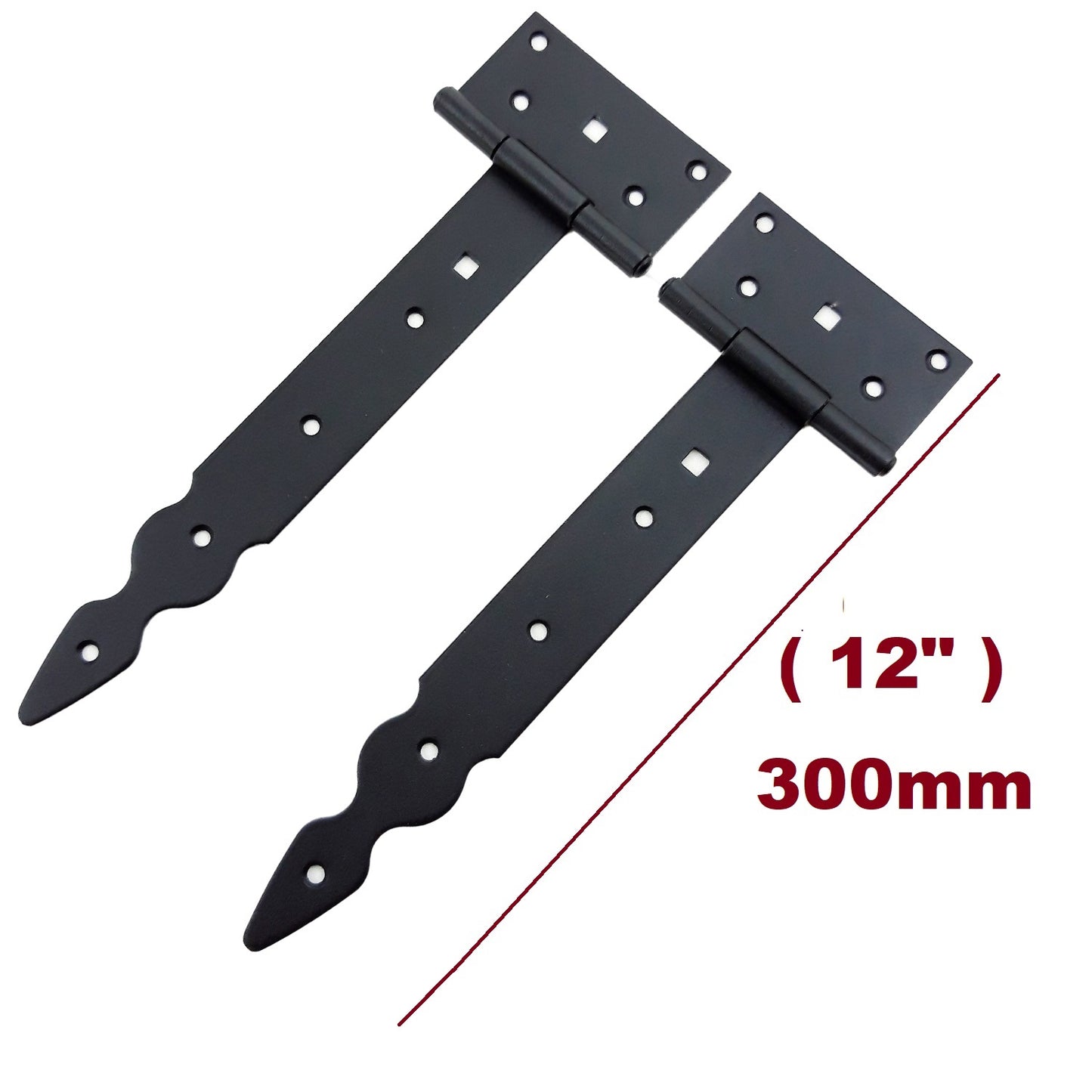Pack of 2 x 250 mm T-Hinge Black, Steel Tee Hinges, Weather Resistant, Rust Proof Powder Coating, T Strap Hingess