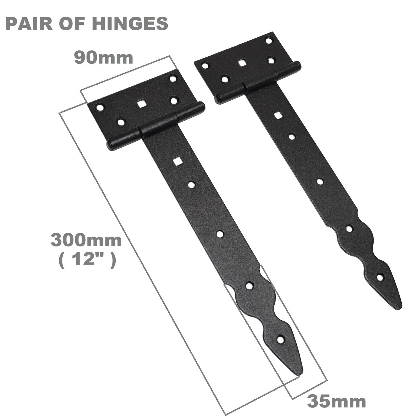 Pack of 2 x 250 mm T-Hinge Black, Steel Tee Hinges, Weather Resistant, Rust Proof Powder Coating, T Strap Hingess
