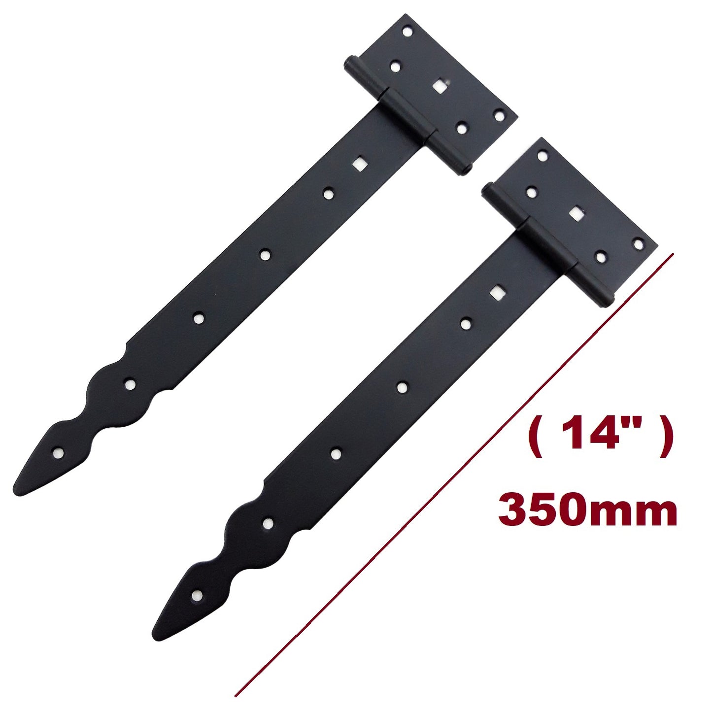 Pack of 2 x 300 mm T-Hinge Black, Steel Tee Hinges, Weather Resistant, Rust Proof Powder Coating, T Strap Hingess