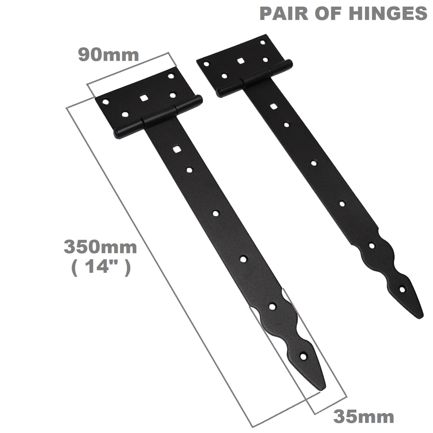 Pack of 2 x 300 mm T-Hinge Black, Steel Tee Hinges, Weather Resistant, Rust Proof Powder Coating, T Strap Hingess
