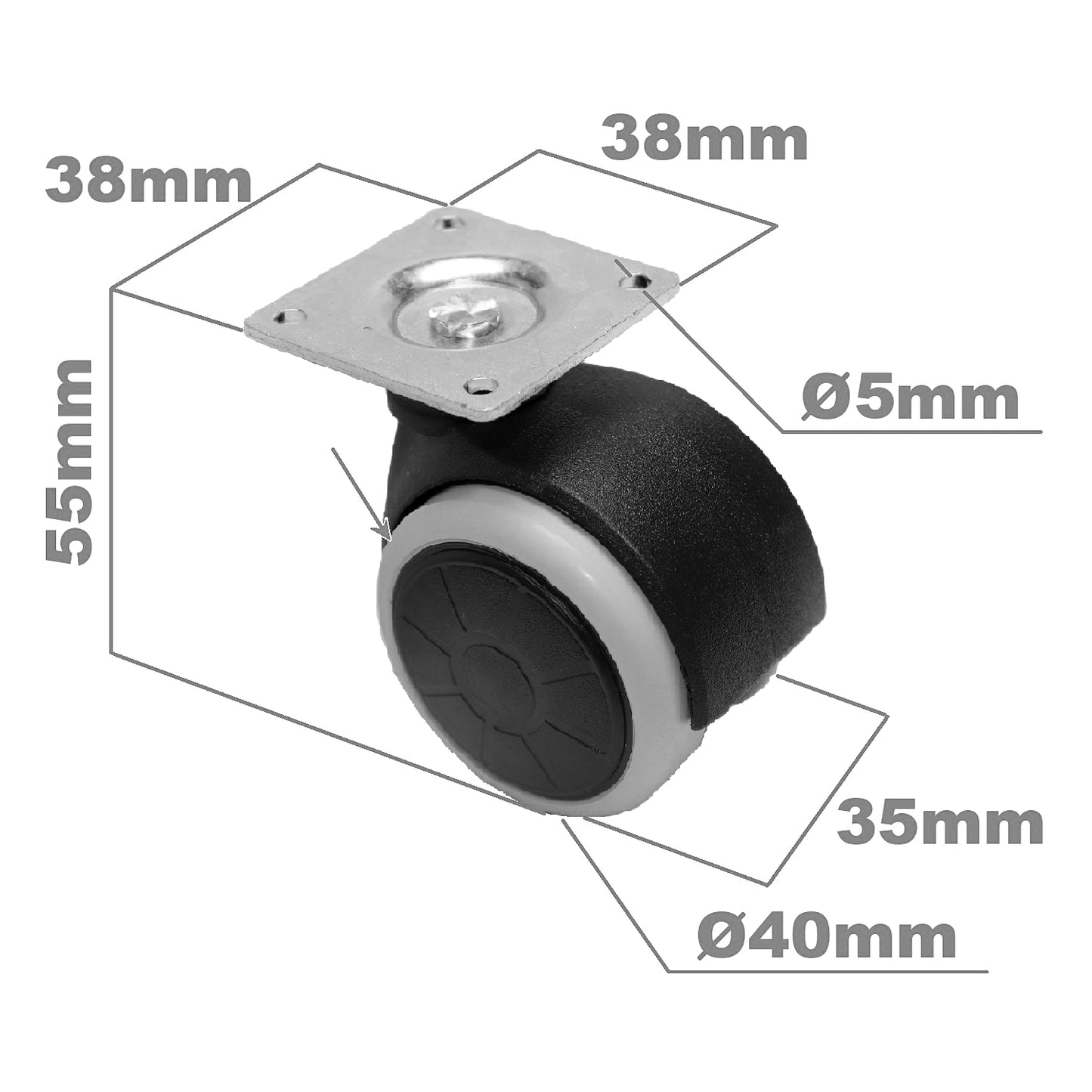 Pack of 4 x Rubber Swivel Furniture Castors Wheels - 40 mm Universal Casters Wheels - Non-Marking, Silent