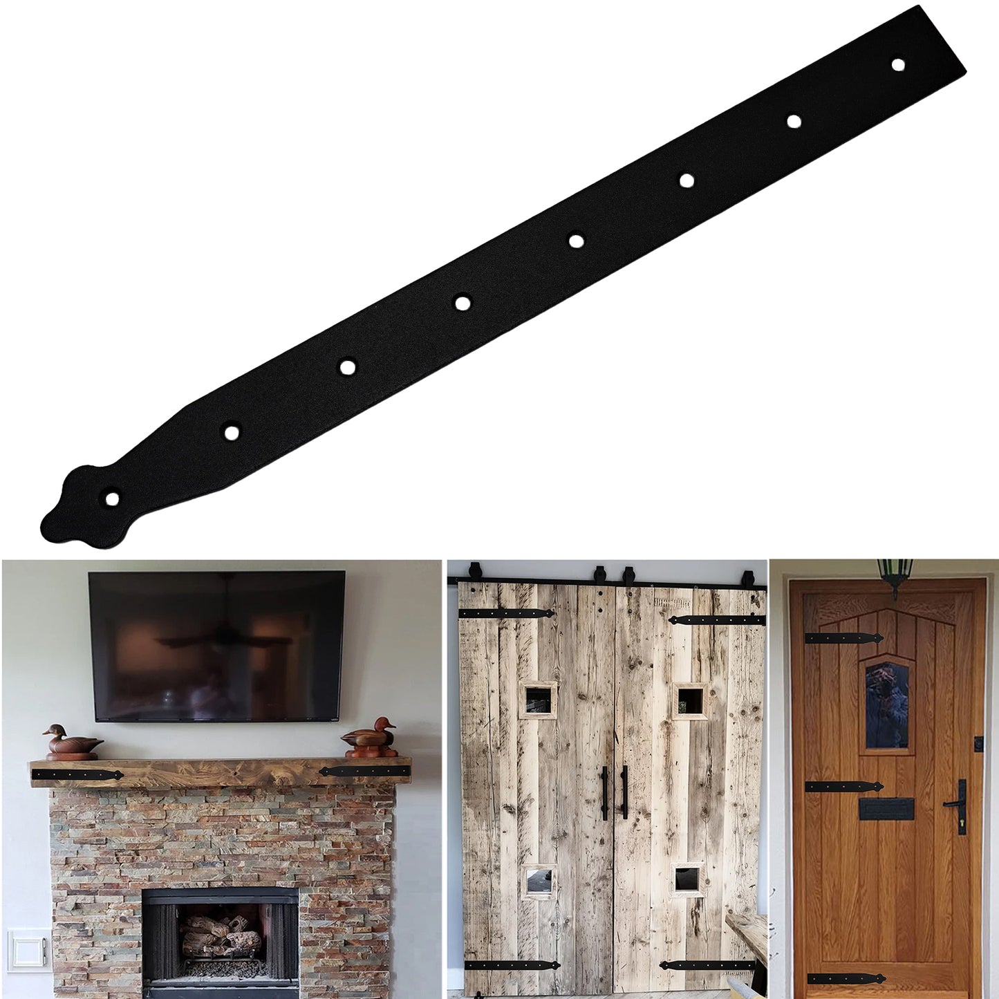 Pack of 2 x 400 mm Dummy Hinge Heads, Black Steel, Vintage False Strap Hinges, Weather Resistant, Rust Proof Powder Coating