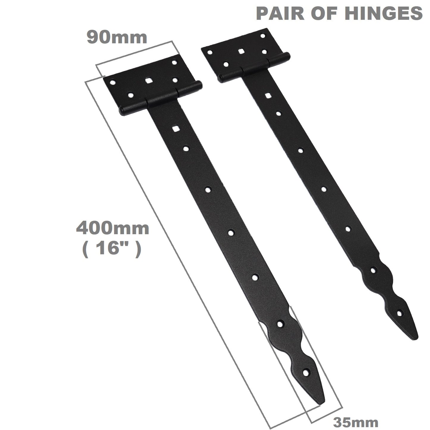 Pack of 2 x 350 mm T-Hinge Black, Steel Tee Hinges, Weather Resistant, Rust Proof Powder Coating, T Strap Hingess