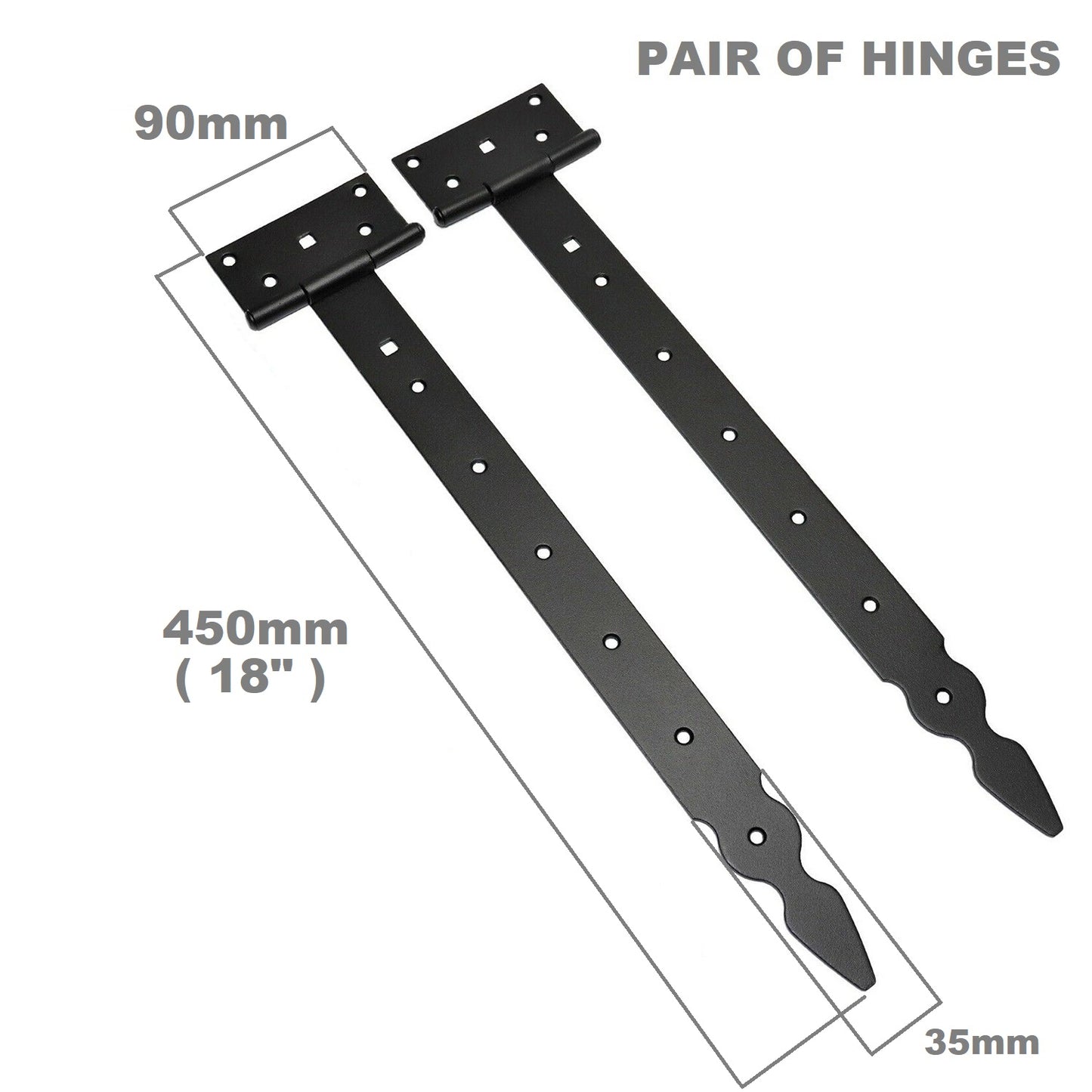 Pack of 2 x 400 mm T-Hinge Black, Steel Tee Hinges, Weather Resistant, Rust Proof Powder Coating, T Strap Hingess