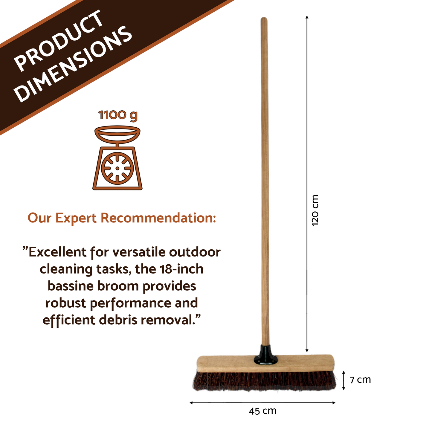 18-Inch Bassine Broom - Heavy-Duty Garden and Yard Broom with Wooden Handle - Excellent for Versatile Outdoor Cleaning Tasks