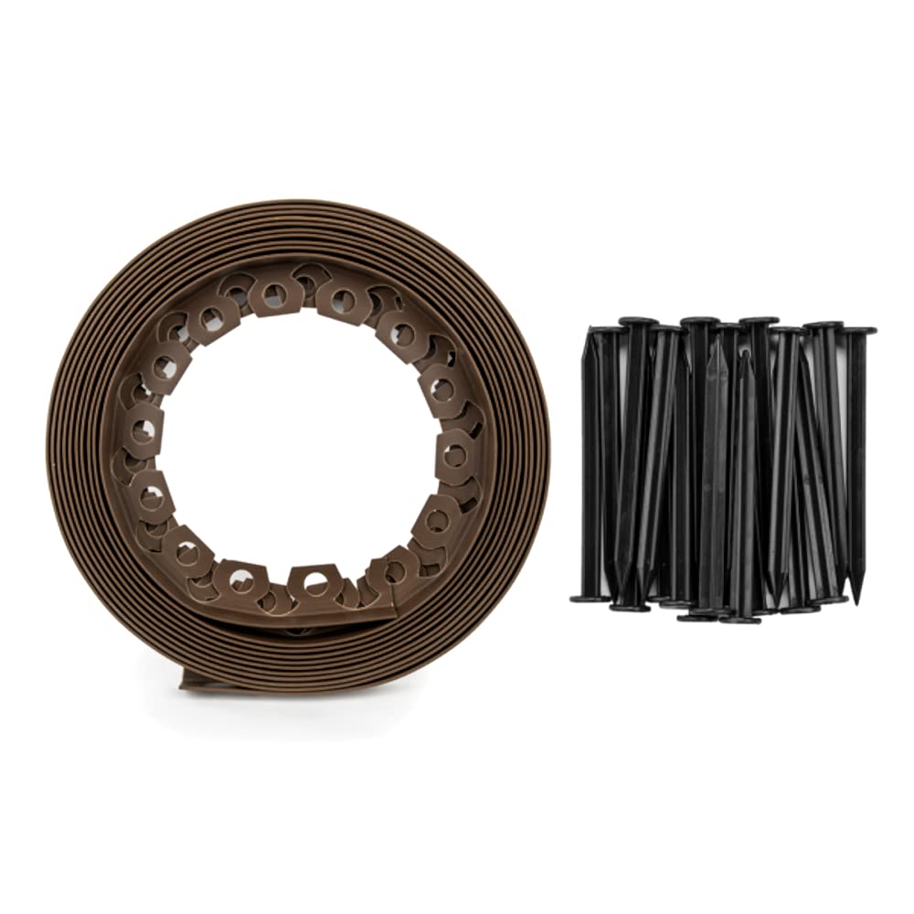 Brown Lawn Edging Border - 10 m / 33 ft Long Flexible Plastic Garden Edging & 20 Securing Pegs - Easy to Cut and Shape (38mm High)