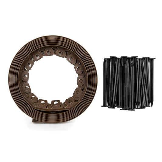 Brown Lawn Edging Border - 10 m / 33 ft Long Flexible Plastic Garden Edging & 20 Securing Pegs - Easy to Cut and Shape (38mm High)