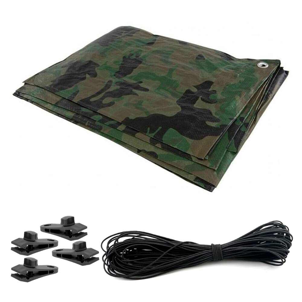 2 x 2 m Tarpaulin Waterproof Heavy Duty Cover Ground Sheet Camping with 4 Tarp Clips + 10m / 30ft Bungee Cord (Camo/Army - 90GSM)