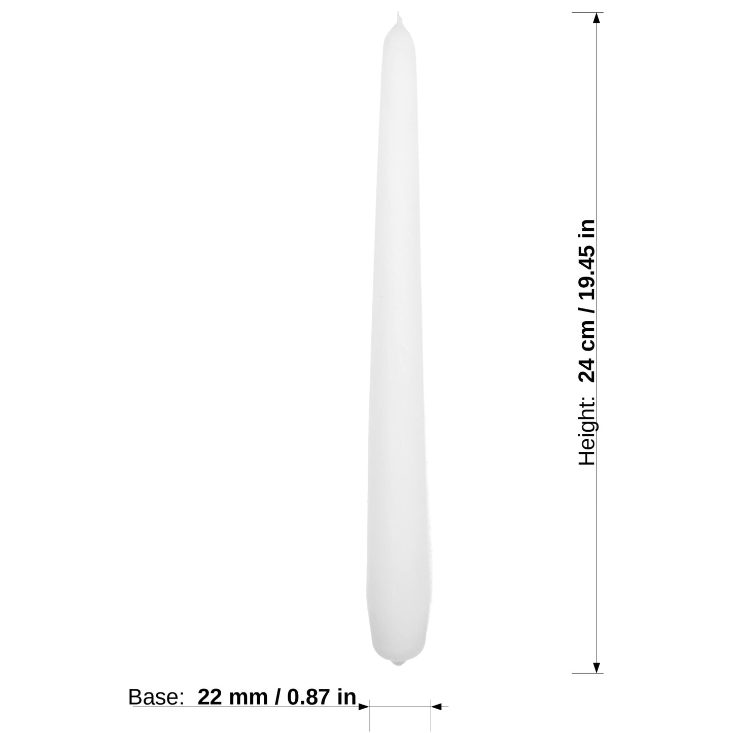 Tapered Dinner Candles, Pack of 10, Unscented, Long Burning Time, 24 cm / 19.45" (White, Matt)