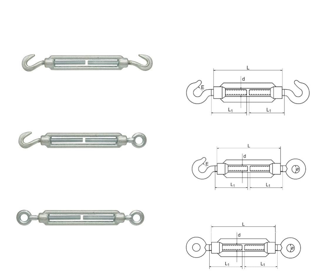 5 pcs of M10 Hook - Eye Turnbuckle Tensioner for Wire Tension Garden Rope Hooks Cable Garden Support Wire Turnbuckle Strainer