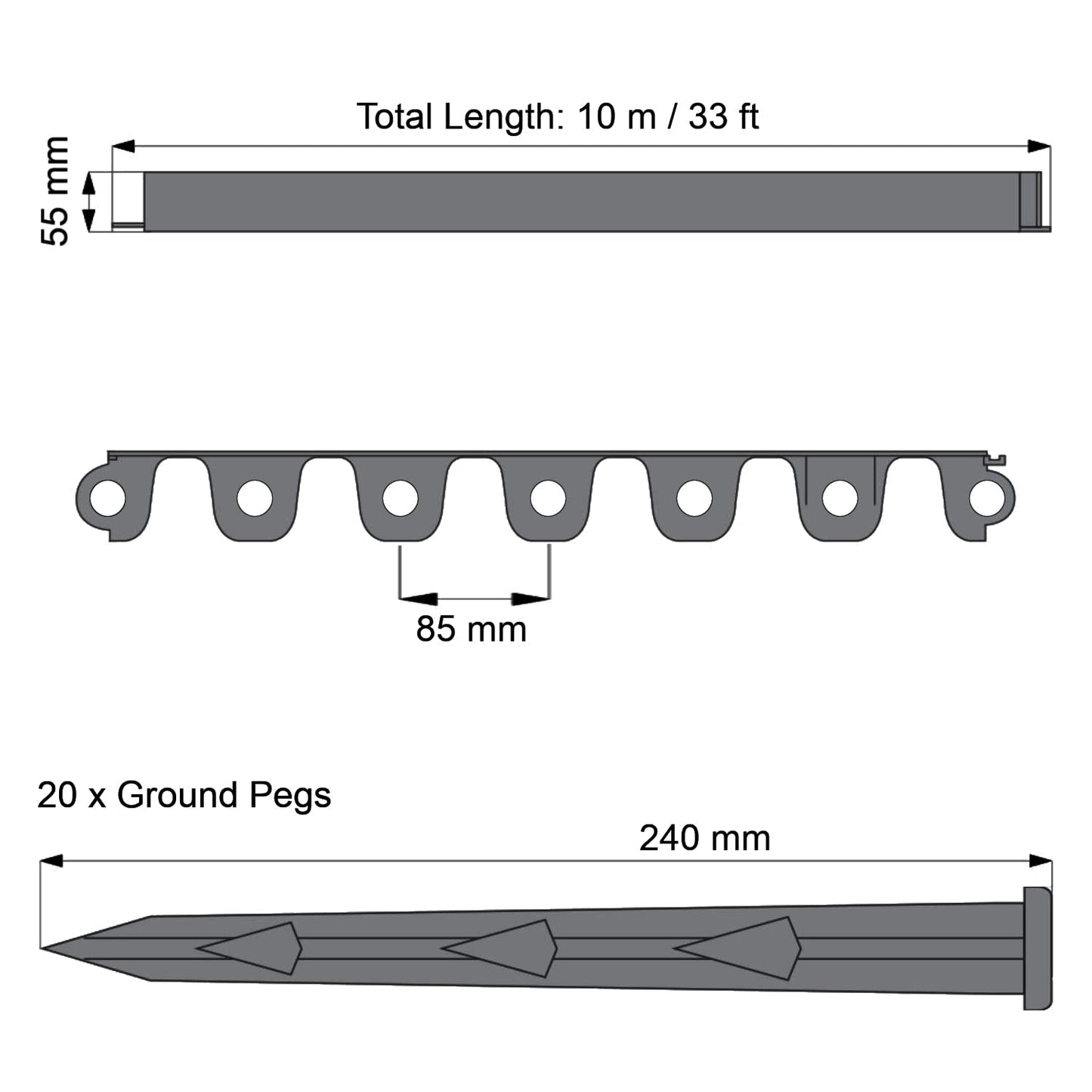 Grey Lawn Edging Border - 10 m / 33 ft Long Flexible Plastic Garden Edging & 20 Securing Pegs - Easy to Cut and Shape (55mm High)