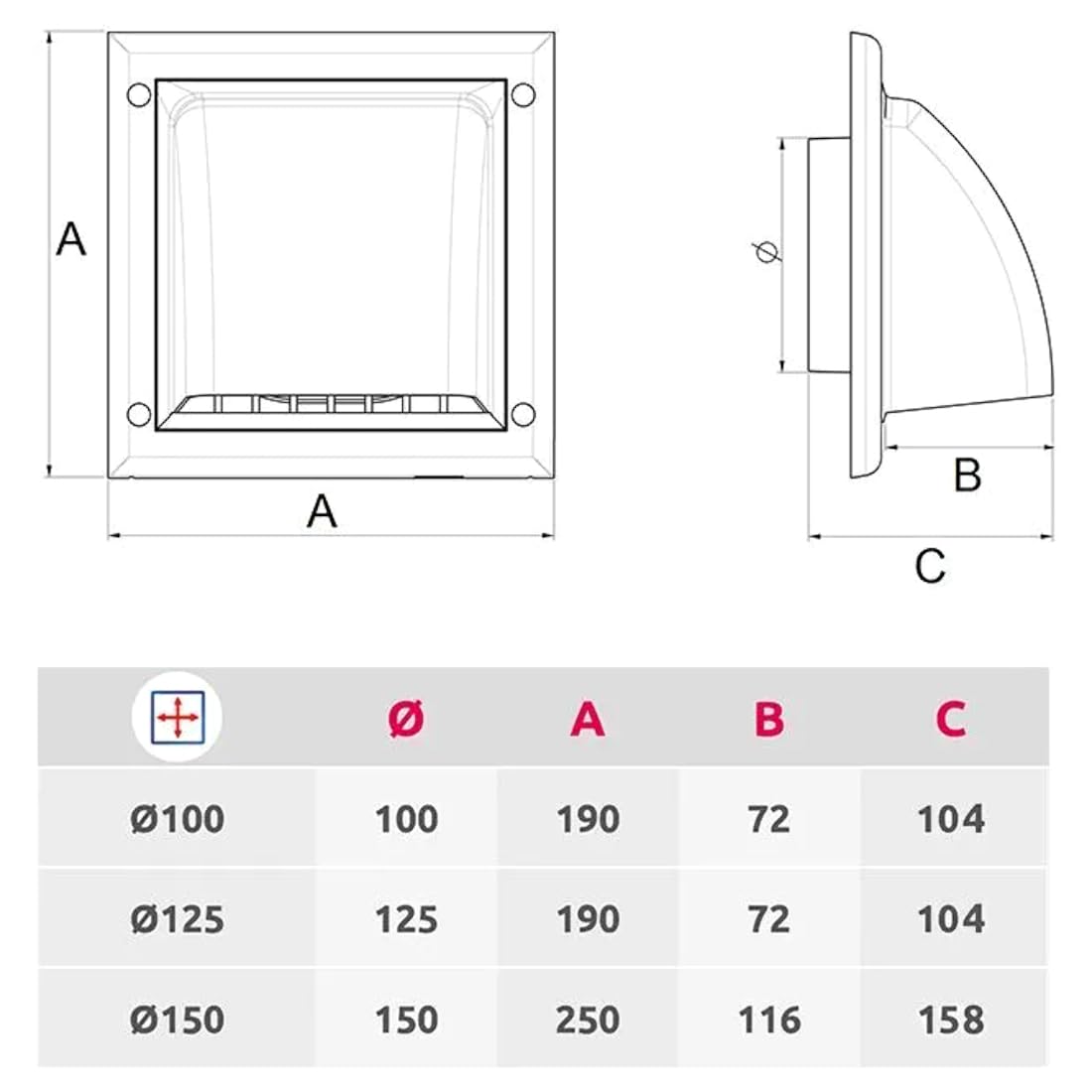 White Gravity Flap for 100 mm / 4" Round Wall Outlet - Ventilation Duct Cover with Non-Return Shutters and Rear Spigot