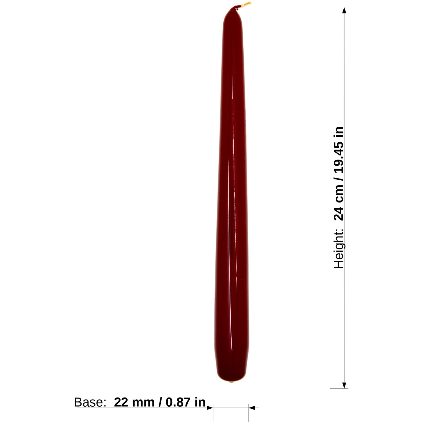 Tapered Dinner Candles, Pack of 10, Unscented, Long Burning Time, 24 cm / 19.45" (Burgundy, Varnished)