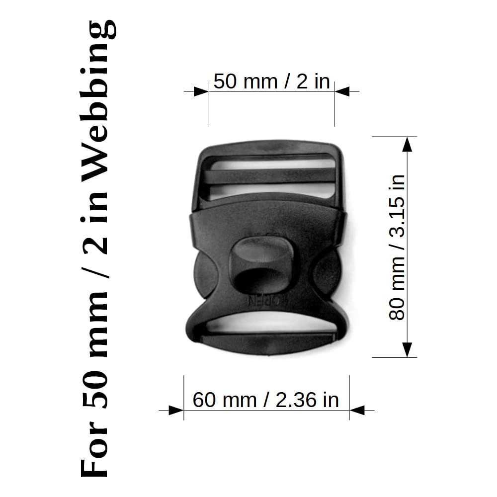 6 x Side Release Buckles, Heavy-Duty with a Lock Slider, Black Plastic Buckles for 50 mm / 2 in Webbing Strap