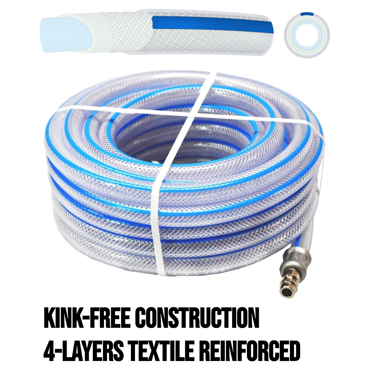15 m / 50 ft Air Compressor Recoil Hose - 8 mm ID x 12 mm OD Reinforced PVC - Anti-Kink Pneumatic Hose with DN 7.2 Coupler & Plug