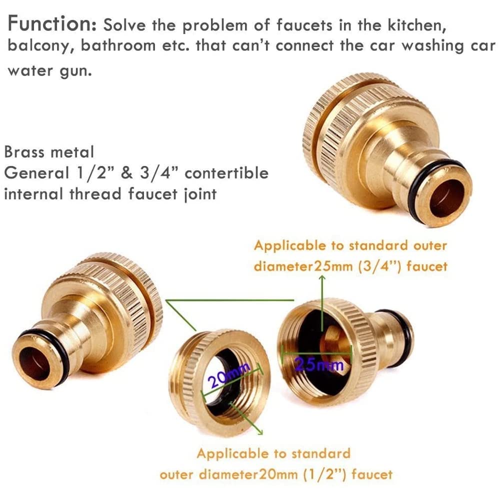 4 Pieces Garden Hose Tap Connector, Solid Brass 1/2" - 3/4" Tap Adapter and 1/2" Hose Pipe Quick Connector