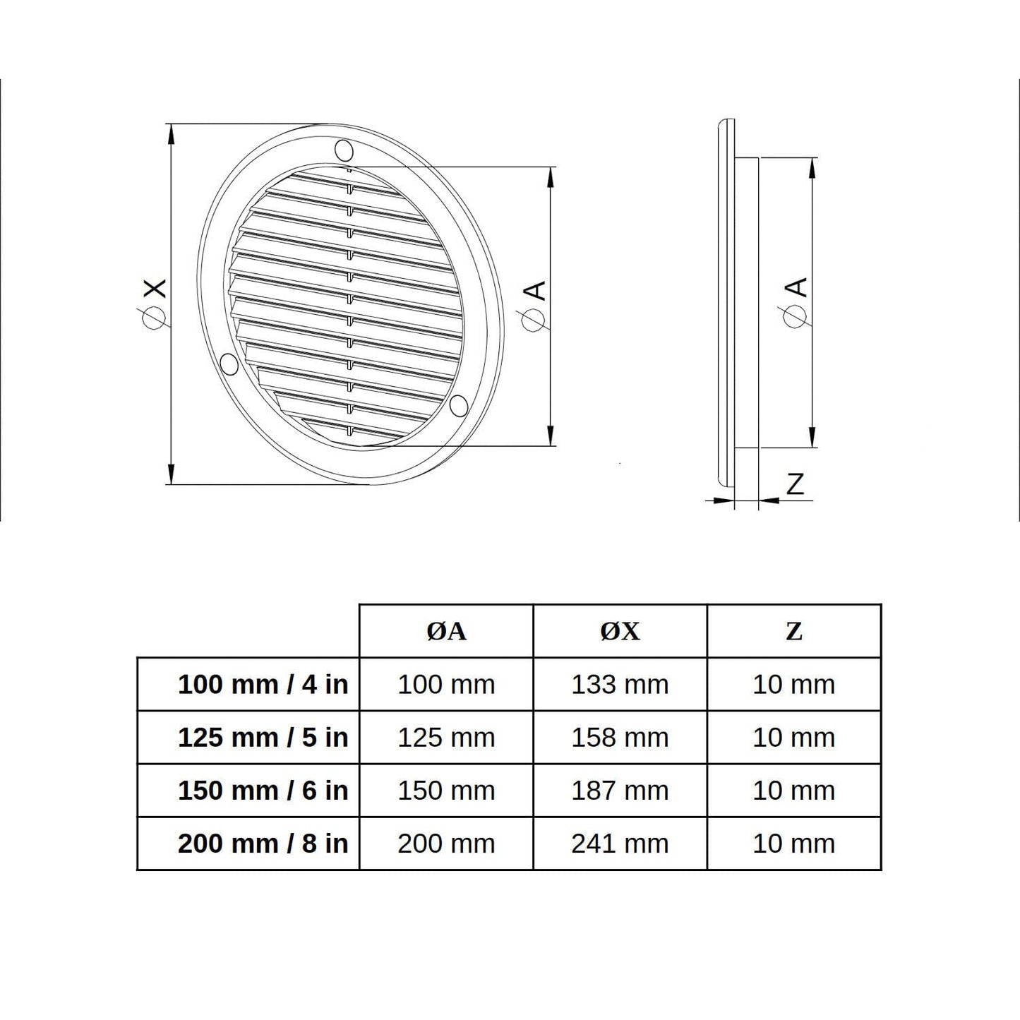100 mm / 4 in White Round Air Vent Grille Duct Cover with Fly Screen, Flange and Screw Covers
