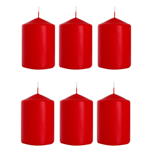 Set of 6 Pillar Candles, Votive Candles, Decorative Household Candles - Up to 66 Hours - 15 x 7 cm / 6 x 2.75" (Red, Matt)