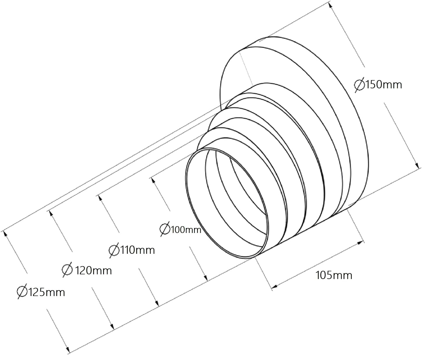 Multistage Round Duct Reduction, Vent Duct Reducer, Ducting Pipe Connector, Duct Transition - 4" 5" 6" Diameter 100 120 125 150 mm