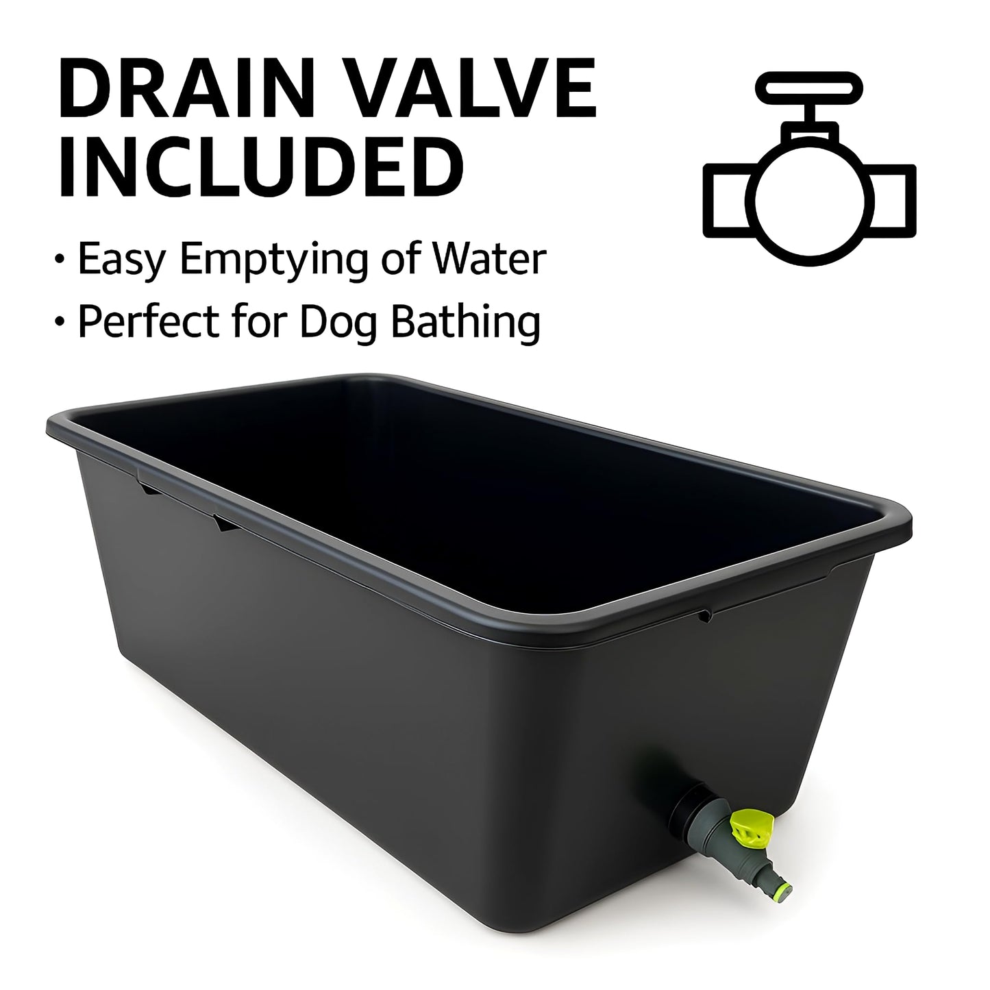 Dog Bath Tub 90L With Drain Plug - Large Rectangular Plastic Pet Bath Container With Quick Connect Valve for Easy Water Drainage