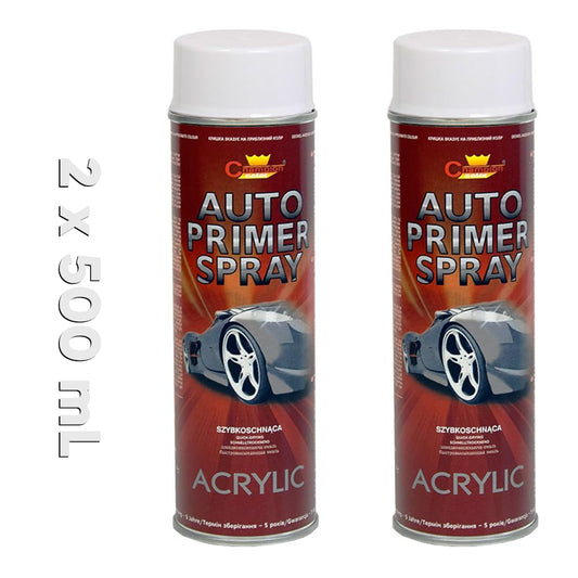 2 x 500 mL White Acrylic Auto Primer Spray - Anti-Corrosion Undercoat for Steel and Cast Iron - for Car Body Panels, Alloy Wheels, Hub Caps and Metal Parts, Fast Drying, Hard and Flexible Base Coat