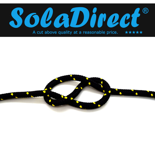 8mm x 5 metres / 16.4 ft of Black & Yellow Polypropylene Rope, Solid Braided Poly Rope Cord Twine for Boating, Yachting, Camping