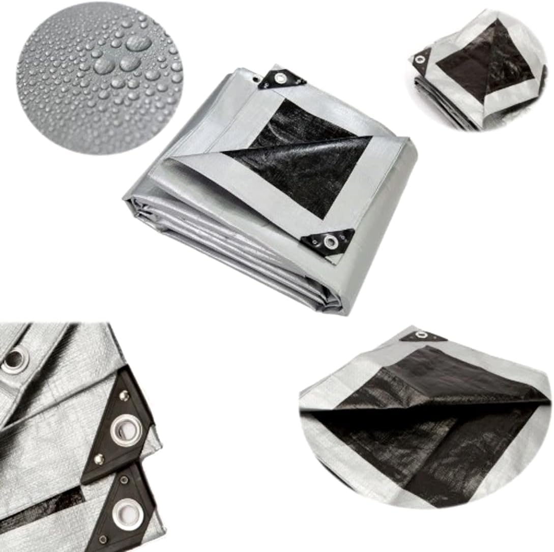 8 x 8 m Heavy-Duty Tarpaulin Cover - Silver/Black 260GSM - Waterproof, Frost-Resistant, UV Protection, Multipurpose, Groundsheet