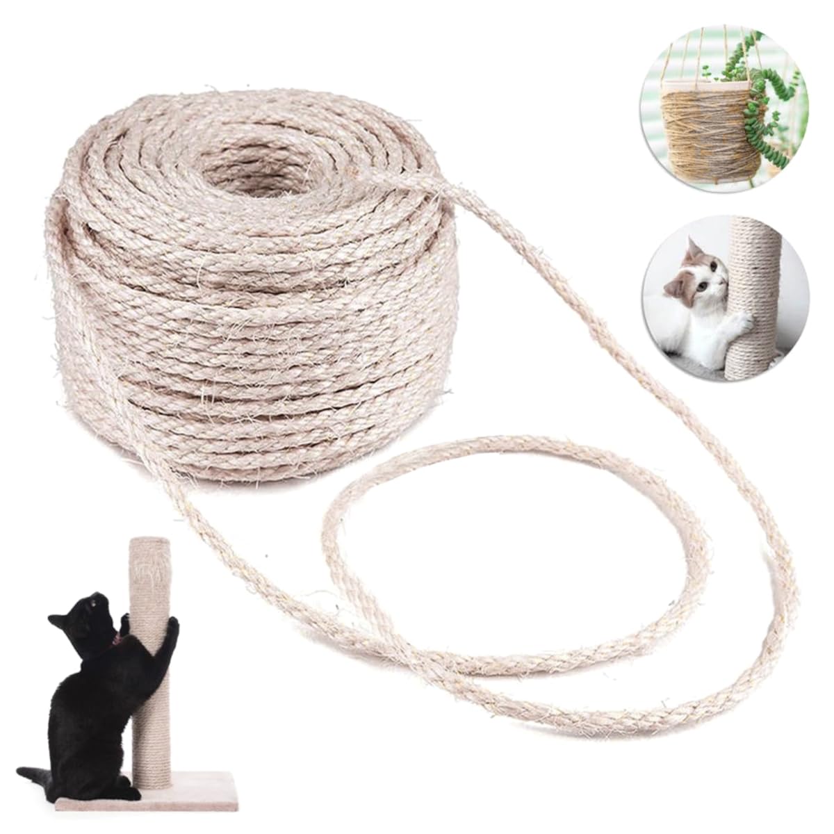 Sisal Rope for Cat Scratcher Cat Tree Repairing - 10 m / 32 ft of 6 mm Natural Sisal Rope for Scratching Post Tower Replacement