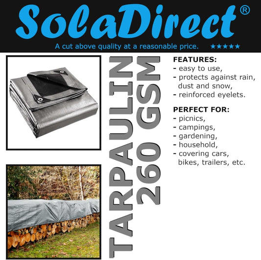 4 x 5 m Heavy-Duty Tarpaulin Cover - Silver/Black 260GSM - Waterproof, Frost-Resistant, UV Protection, Multipurpose, Groundsheet