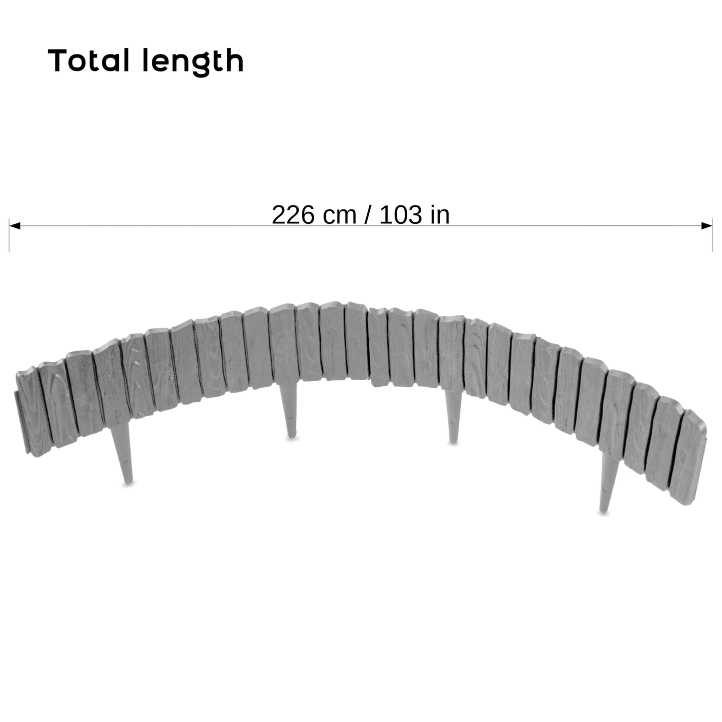 Grey Lawn Edging Border - 2.26 m / 7.4 ft Long Garden Palisade with Wood Bark Effect - Fencing with Ground Stakes
