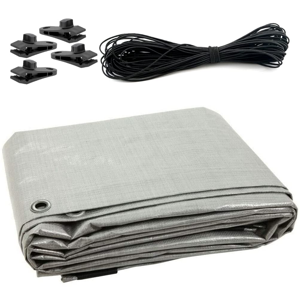 5 x 8 m Tarpaulin Waterproof Heavy Duty Cover Ground Sheet Camping with 4 Tarp Clips + 10m / 30ft Bungee Cord (Silver - 90GSM)