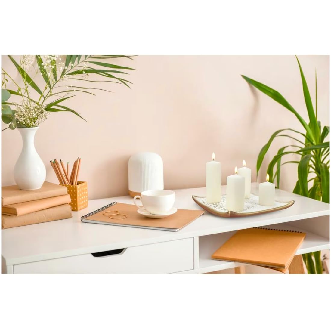 Set of 4 Pillar Candles, Set of 4 Votive Candles, Decorative Household Candles, Long Burning Time - Advent, Christmas (Red Metallic)