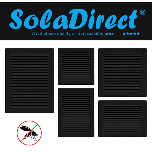 Black Louvred Wall Vent Grille with Flyscreen and Screw Covers, 100 mm / 4 in, Air Ventilation Duct Cover with Flat Back