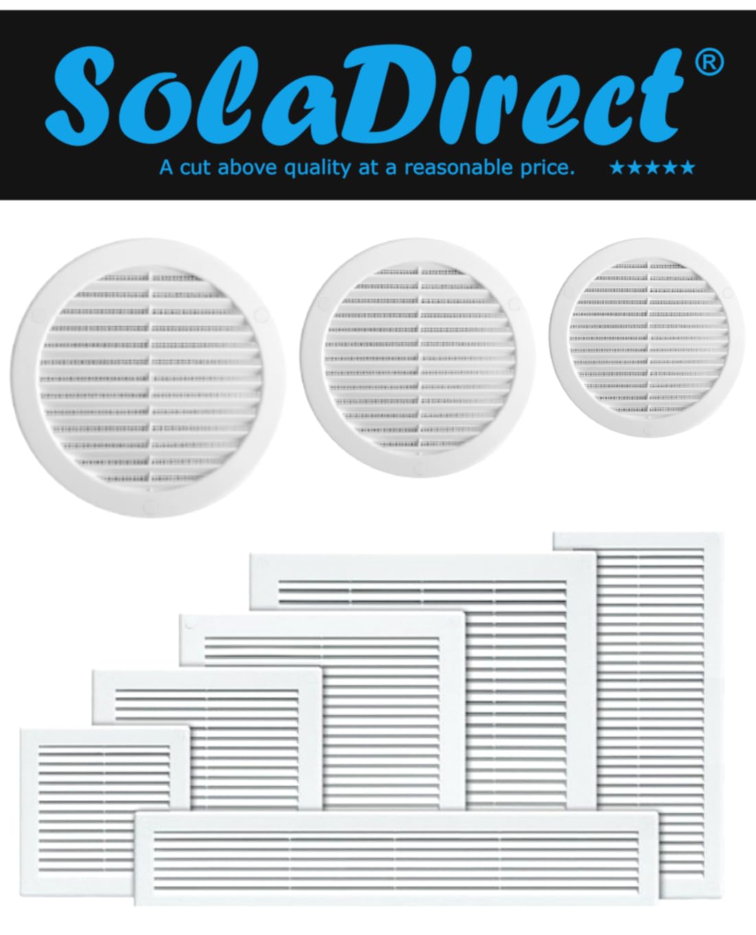 White Louvred Wall Vent Grille with Flyscreen and Screw Covers, 300 x 300 mm, Air Ventilation Duct Cover with Flat Back