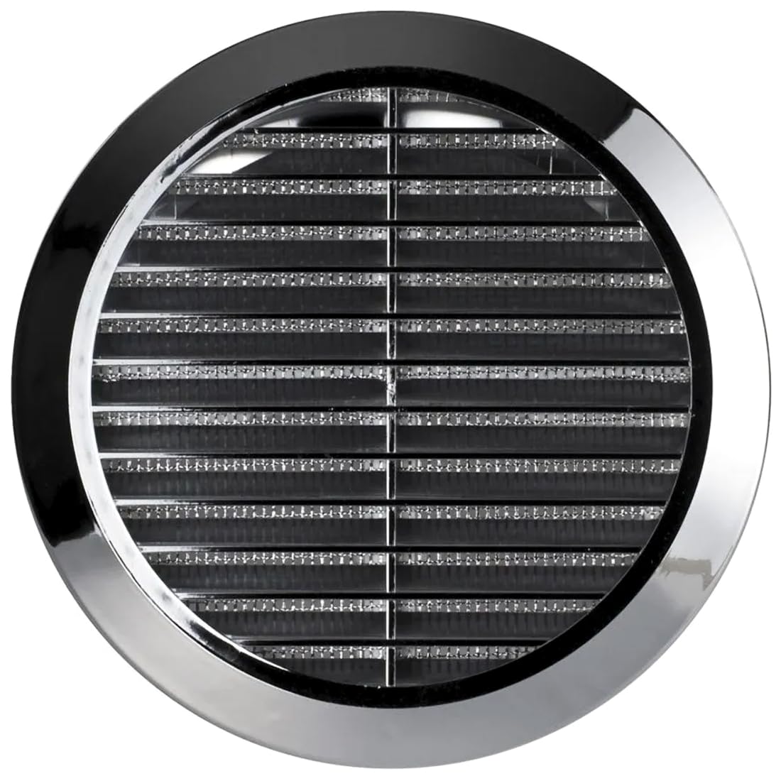 Chrome Louvred Wall Vent Grille with Flyscreen for 125 mm / 5" Round Wall Outlet - Air Ventilation Duct Cover with Flange