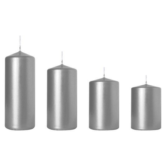 Set of 4 Pillar Candles, Set of 4 Votive Candles, Decorative Household Candles, Long Burning Time - Advent, Christmas (Silver)