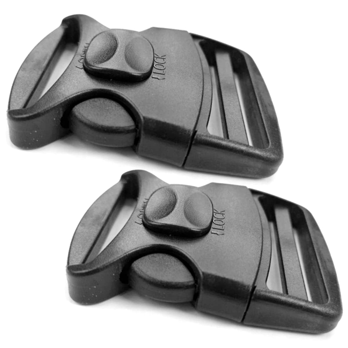 2 x Side Release Buckles, Heavy-Duty with a Lock Slider, Black Plastic Buckles for 50 mm / 2 in Webbing Strap