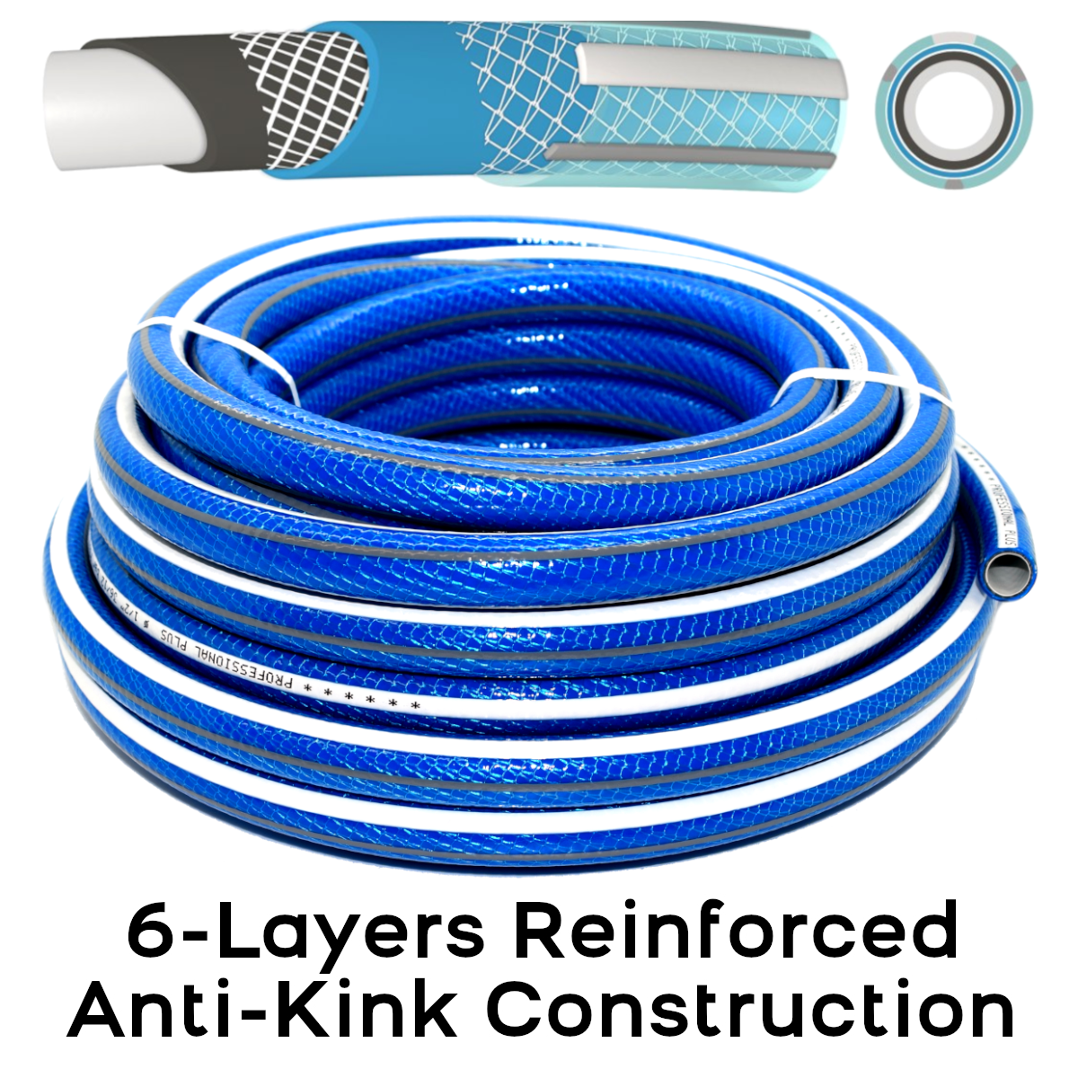 50 m / 164 ft Garden Hose Pipe - 1/2" Kink-Free 6-Layer Reinforced Non-Toxic Phthalate-Free PVC Hosepipe - Watering Tube - Blue
