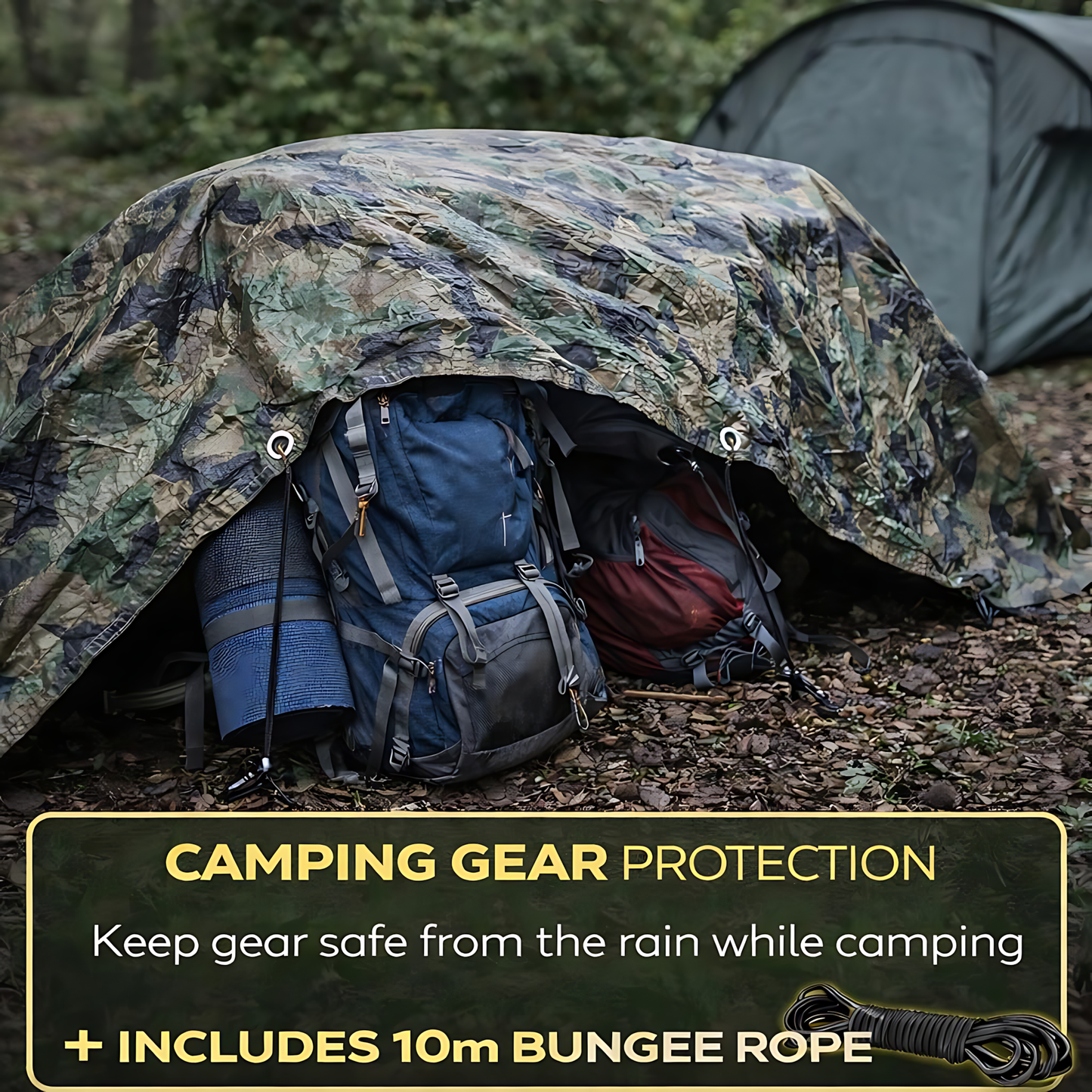 Camouflage Tarpaulin 8 x 10 m 85 GSM Waterproof UV Resistant PE Tarp Sheet, Aluminium Eyelets, Reinforced Edges, 10m Bungee