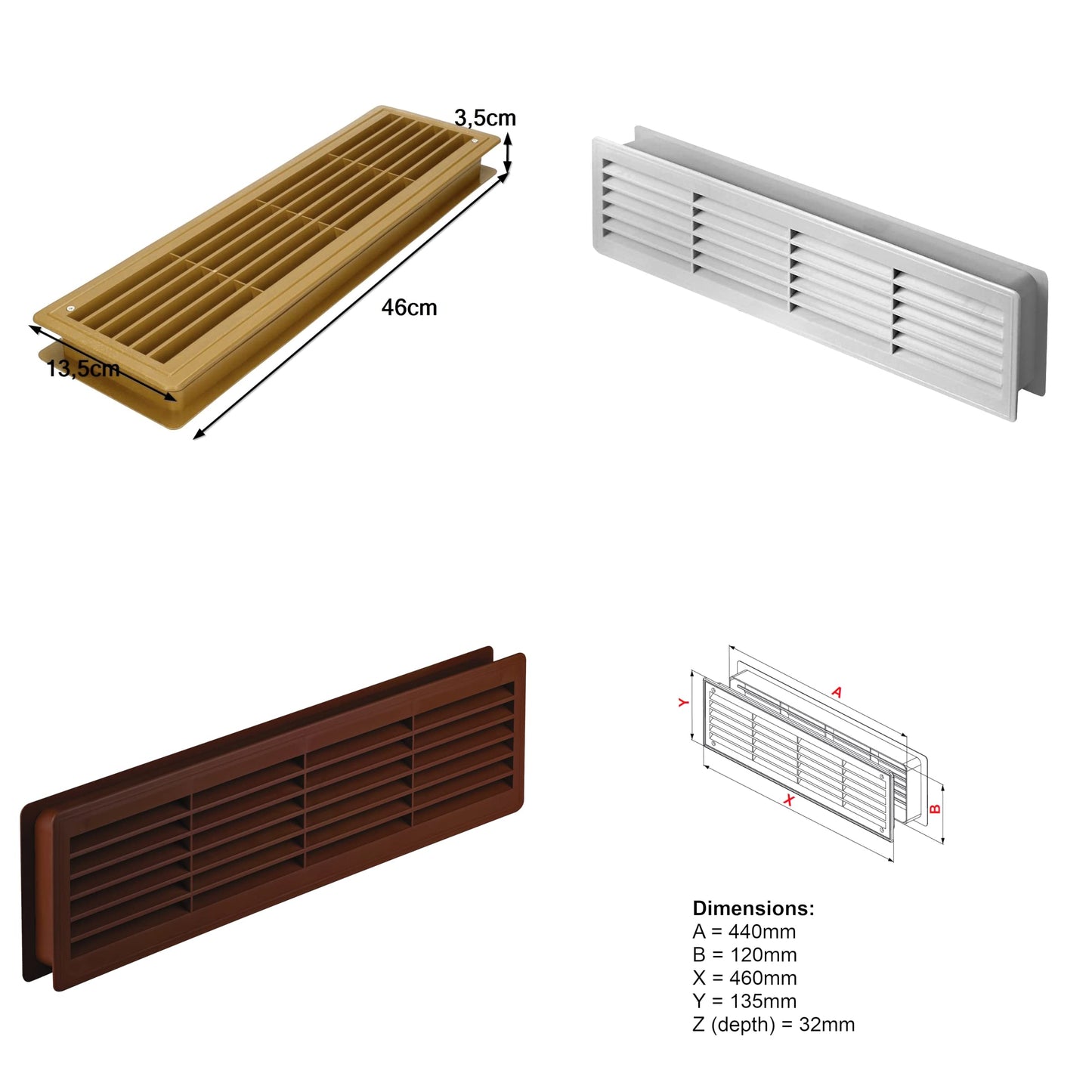 Door Air Vent Grille 460 x 135 mm / 18.1 x 5.3 in Double-Sided Ventilation Cover ABS Plastic (White)