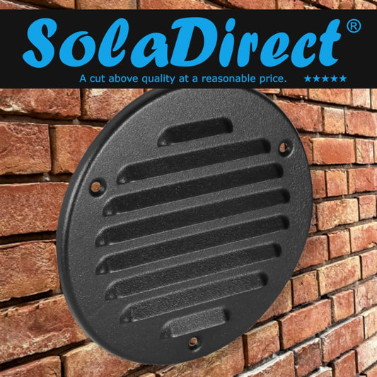 Graphite Grey Louvred Wall Vent Grille with Flyscreen, Fits 125 mm / 5 in Ducts, Round Ventilation Grille with Flat Back