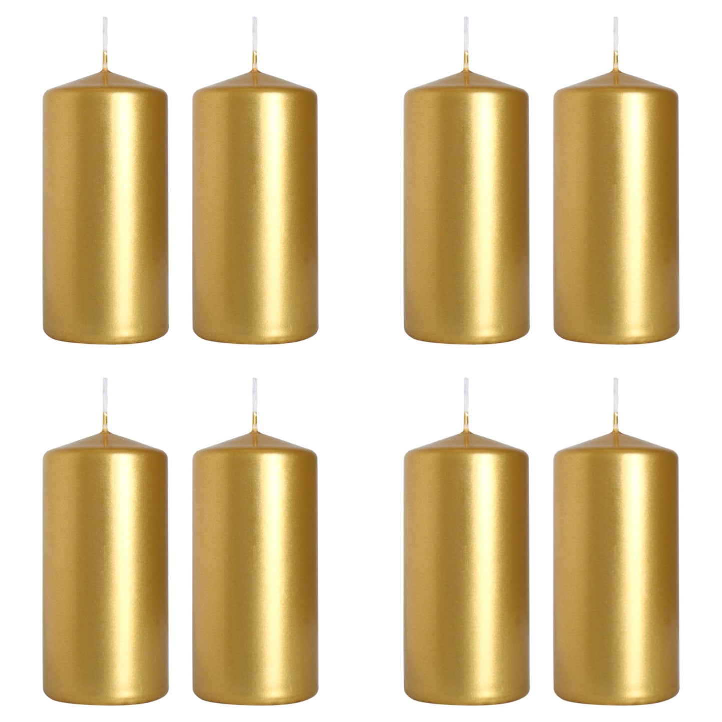 Pillar Candles, Pack of 8, Unscented, Long Burning Time, 10 x 5 cm / 4 x 2 in (Gold, Metallic)