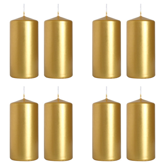 Pillar Candles, Pack of 8, Unscented, Long Burning Time, 10 x 5 cm / 4 x 2 in (Gold, Metallic)