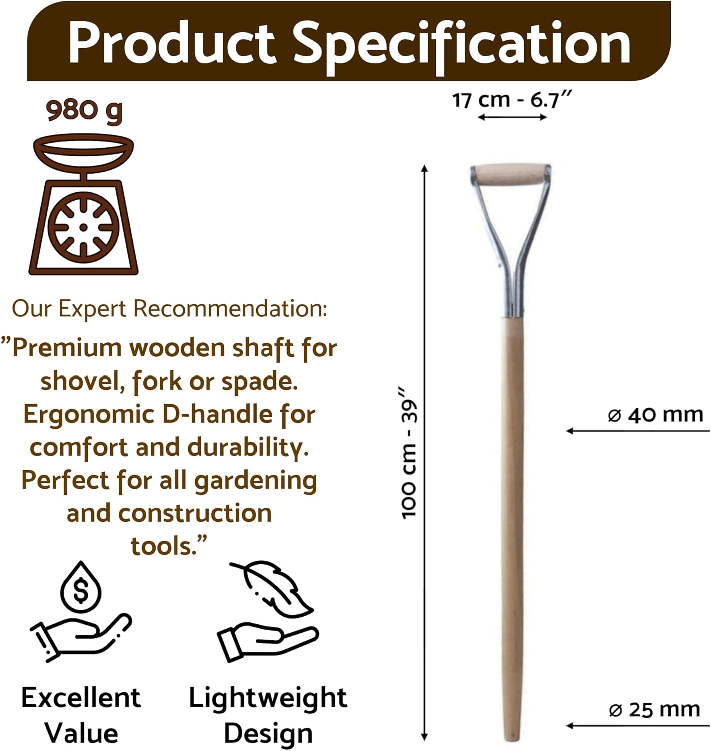 D Type Shaft Handle to suit Shovel, Spade or Fork (100 cm / 39 in Long) Metal Replacement Spare Part