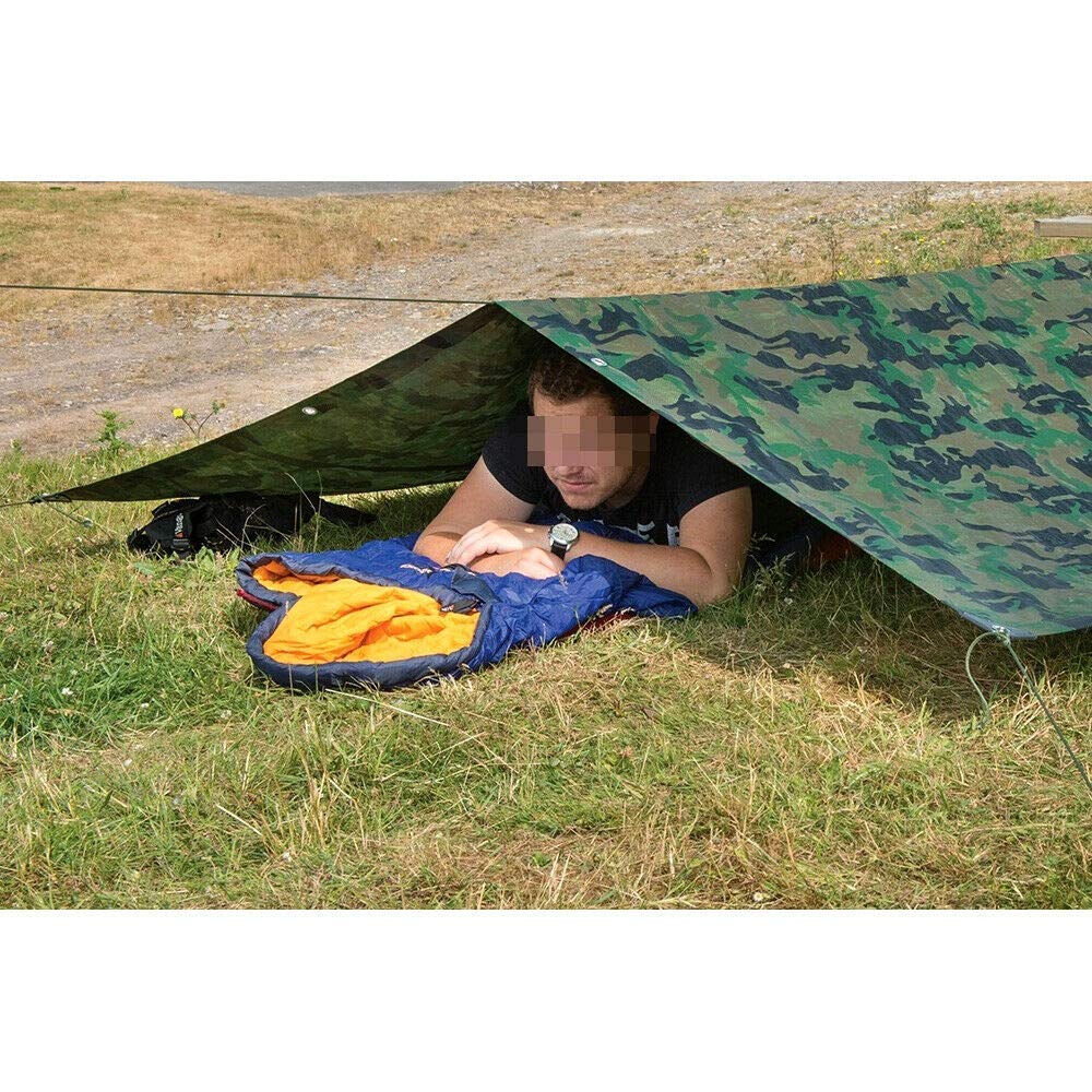 2 x 2 m Tarpaulin Waterproof Heavy Duty Cover Ground Sheet Camping with 4 Tarp Clips + 10m / 30ft Bungee Cord (Camo/Army - 90GSM)