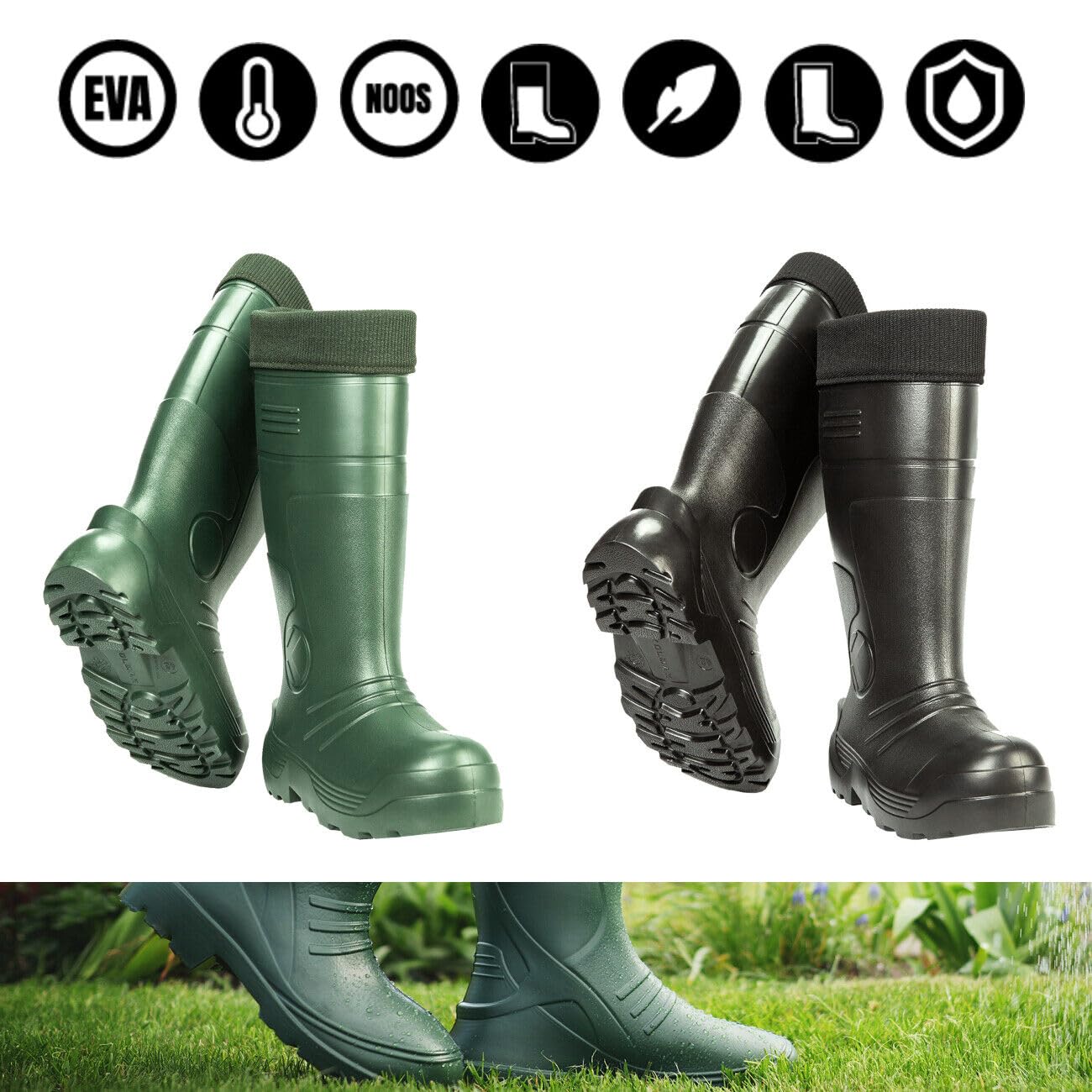 Green Men's Wellington Boots Fleece Lined Insulated Waterproof Wellies EVA (Size 10.5 UK / 45 EU)